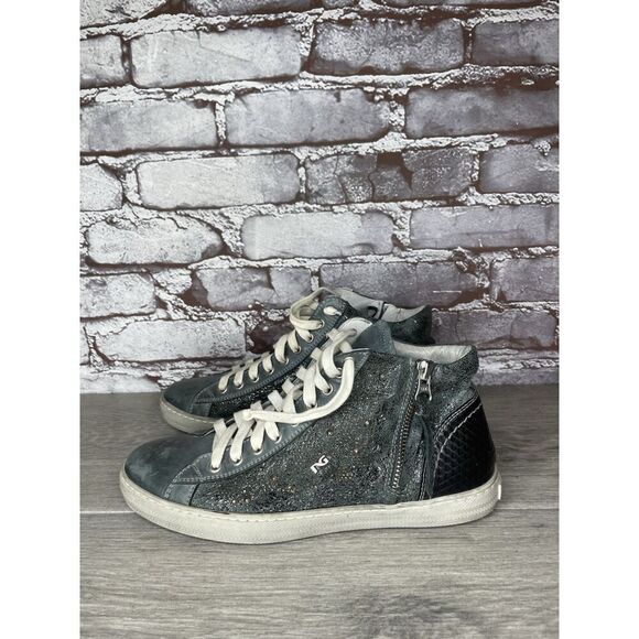 NERO GIARDINI ITALY Blue LEATHER SIDE ZIP Mid Lace Sneakers Women 37EU/6.5M US - Picture 12 of 16